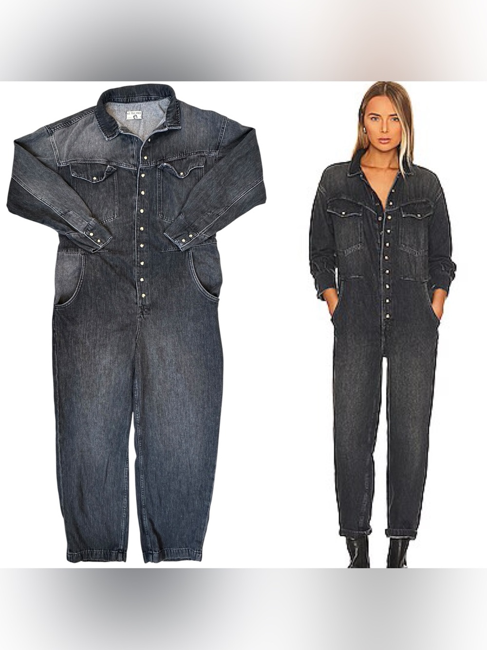 Free People We The Free “Townes” Faded Gray Black Coverall Painter Jumpsuit Med